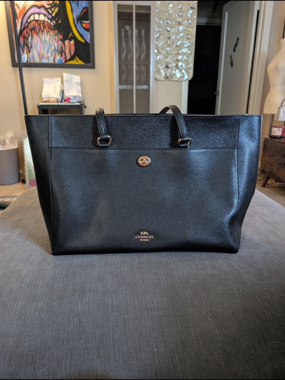 Coach Black Leather Tote Bag with Turnlock Closure